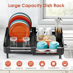TOOLF Dish Drying Rack with Drainboard, Extendable Dish Rack for Kitchen Counter, Expandable Dish Drainer, Dish Strainer, Foldable Home Countertop Plate Storage Rack with Cutlery Holder, Black