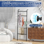 Simple Trending Blanket Ladder，5 Tier Metal Towel Rack with 12 Hooks, 79'' Metal Style Decorative Ladder for The Living Room Bedroom Bathroom Home Decor, Black