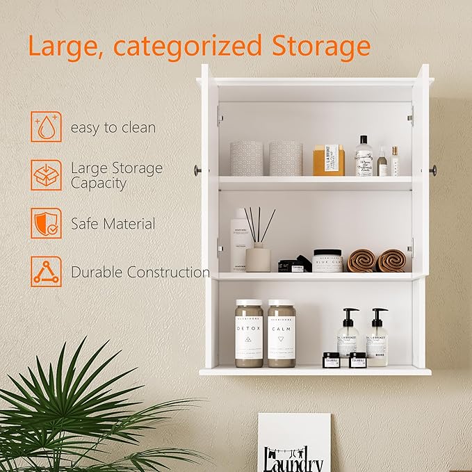 Medicine Cabinet, Over The Toilet Storage Cabinet, 24x30 Inch Wall Mount Bathroom Storage Cabinet with 2 Doors & Adjustable Shelves, Wooden Bathroom Wall Cabinet, White