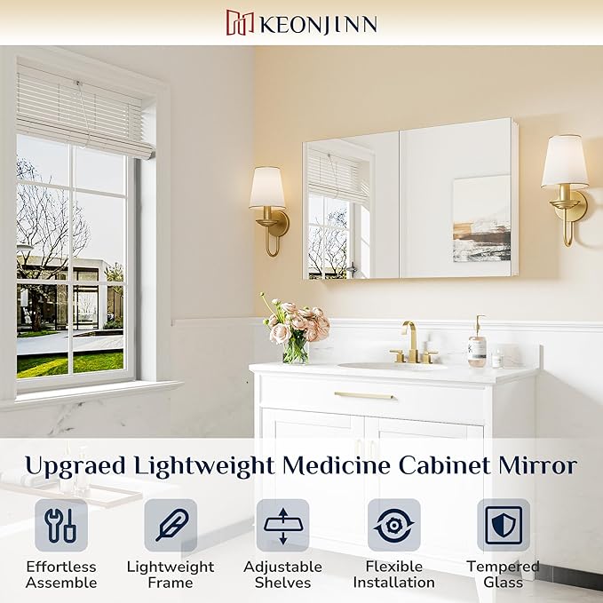 Keonjinn 40 x 26 Inch Medicine Cabinet, Assembly Required, White Bathroom Medicine Cabinets Mirror, Lightweight, Adjustable Shelves, Surface Mount or Recessed, Tempered Glass