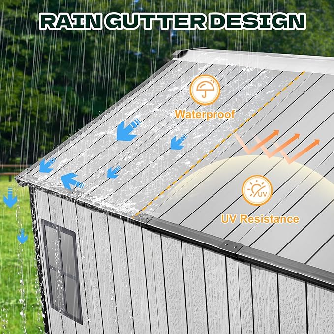 8 x 12 FT Resin Outdoor Storage Shed, All-Weather Plastic Garden Shed with Floor, Lockable Doors & Windows, Plastic Tool Shed for Poolside, Backyard, Patio
