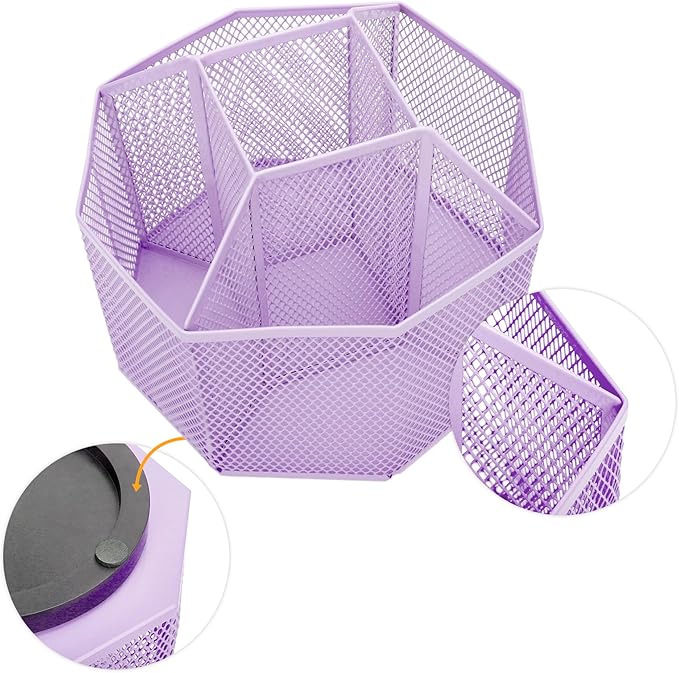Annova Mesh Desk Organizer Rotate with 5 Compartments Spinning Tidy Candy/Pen Holder Office, Art Supply, Storage, Classroom, Home (Light Purple)