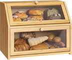 BMOSU Farmhouse Bread Box for Kitchen Countertop Bread box Double Layer Bamboo Wooden Extra Large Capacity Bin Kitchen Food Storage Container(Natural)