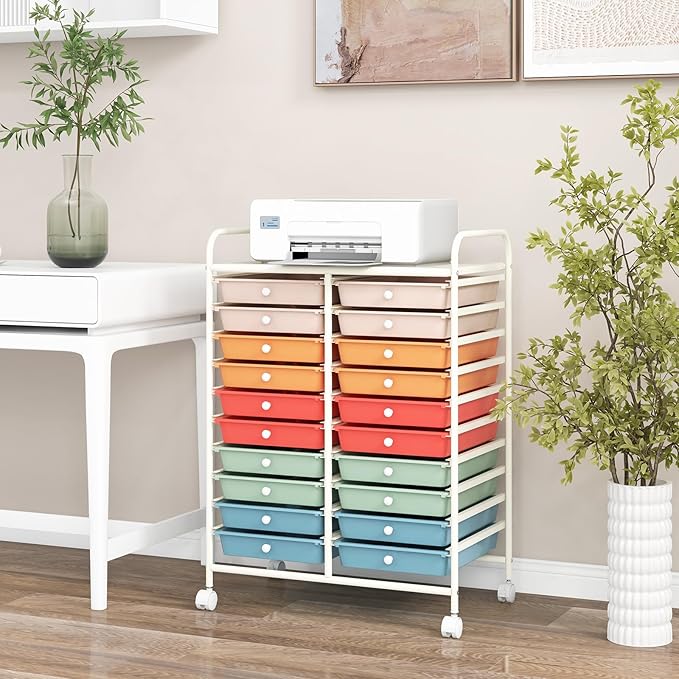 GOFLAME 20-Drawer Rolling Storage Cart, Multifunctional Art Craft Organizer Cart, Mobile Utility Storage Cart with Removable Drawers & Lockable Wheels, Craft Cart for Home Office School, Macaron Color