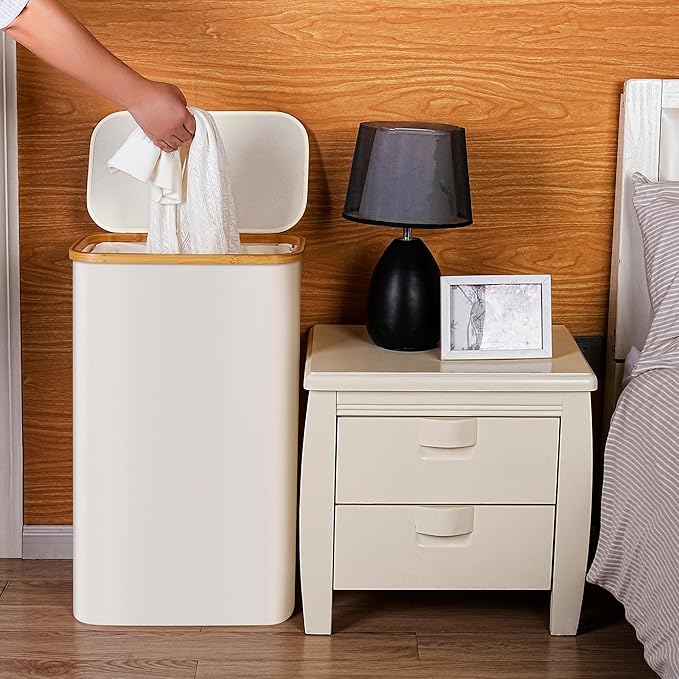 efluky Slim Laundry Basket with Lid, Narrow Laundry Hamper with Removable Bag, Skinny Dirty Clothes Basket with Bamboo Handles for Bathroom, Bedroom & Laundry Room, 90L Beige