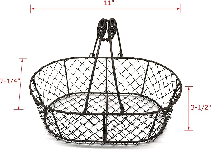 CVHOMEDECO. Oval Metal Wire Egg Basket Wire Fruit Basket with Handle Primitives Vintage Style Storage Basket. Rusty, 11 X 7-1/4 X 3-1/2 Inch