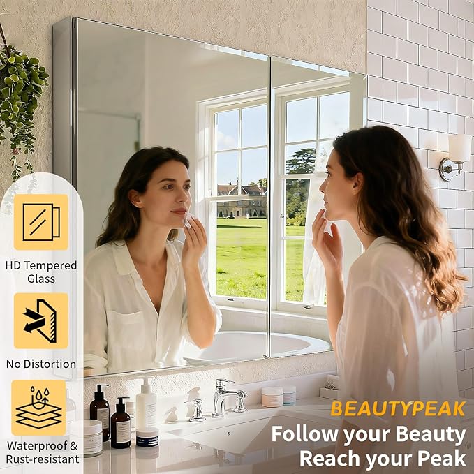 BEAUTYPEAK Bathroom Medicine Cabinet Mirror with Storage, 30 Inch x 26 Inch Silver Medicine Cabinet with Double Door & Adjustable Shelves for Vanity, Tempered, Aluminum Surface, Wall-mount or Recessed