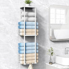 Towel Rack for Bathroom, Wall Mounted Vertical Rolled Towel Storage Organizer Holder with Shelf, Holds Up 6 Large Bath Sheets, White
