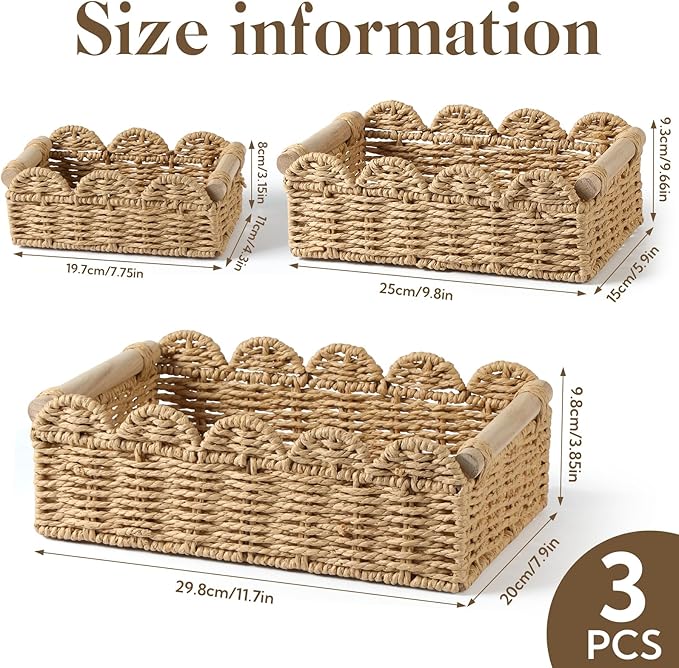 3PCS Scalloped Toilet Paper Storage Basket, Handwoven Paper Rope Bathroom Basket Organizer for Toilet Tank Top, Bathroom & Home Decor with Wooden Handles, Farmhouse Decor, Beige