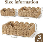 3PCS Scalloped Toilet Paper Storage Basket, Handwoven Paper Rope Bathroom Basket Organizer for Toilet Tank Top, Bathroom & Home Decor with Wooden Handles, Farmhouse Decor, Beige