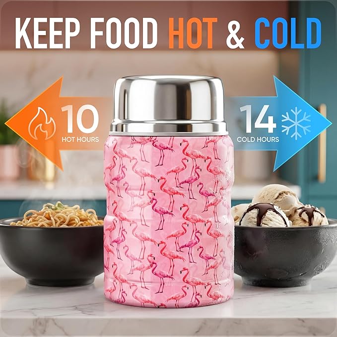 Earth&ME 17 OZ Soup Thermo for Hot & Cold Food for Kids, Vacuum Insulated Steel Lunch Container, Kids Wide Mouth Bento Thermal Food Jar, Warm Food Lunchbox Thermo Bowls with Spoon (Flamingo)