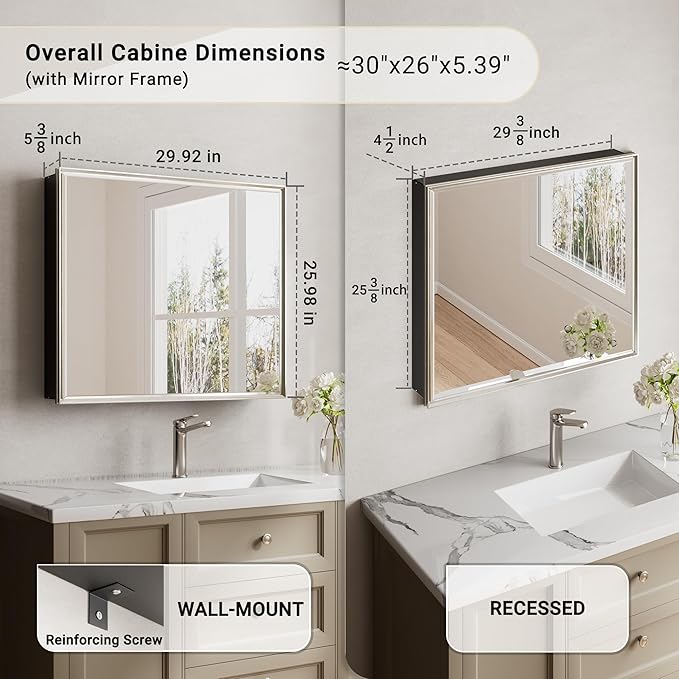 30x26 Pre-Assembled Bathroom Medicine Cabinet Mirror, Surface or Recessed Brushed Nickel Medicine Cabinet with Mirror & Rustproof Aluminum Frame, Beveled Bathroom Vanity Mirror with Storage