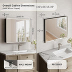 30x26 Pre-Assembled Bathroom Medicine Cabinet Mirror, Surface or Recessed Brushed Nickel Medicine Cabinet with Mirror & Rustproof Aluminum Frame, Beveled Bathroom Vanity Mirror with Storage
