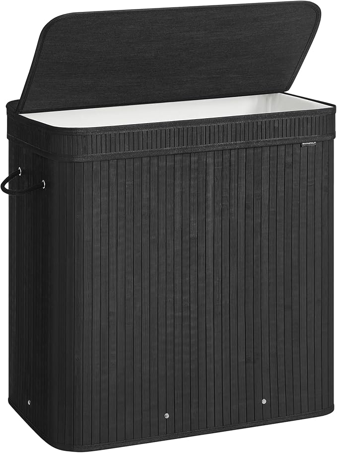 SONGMICS Laundry Hamper with Lid, Bamboo Laundry Basket, Removable Machine Washable Laundry Basket, with Handles, 39.6-Gallons, for Laundry Room, Bedroom, Bathroom, Ink Black ULCB062B01