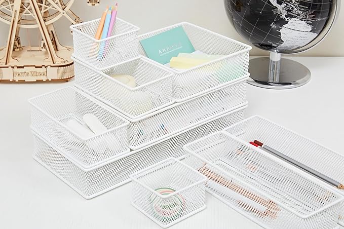 Annova Mesh Stackable Drawer Cabinet and Shelf Organizer Bins Storage Basket School Office Supply Holder Tray- Set of 2 (White, 6x9x2 Inch)