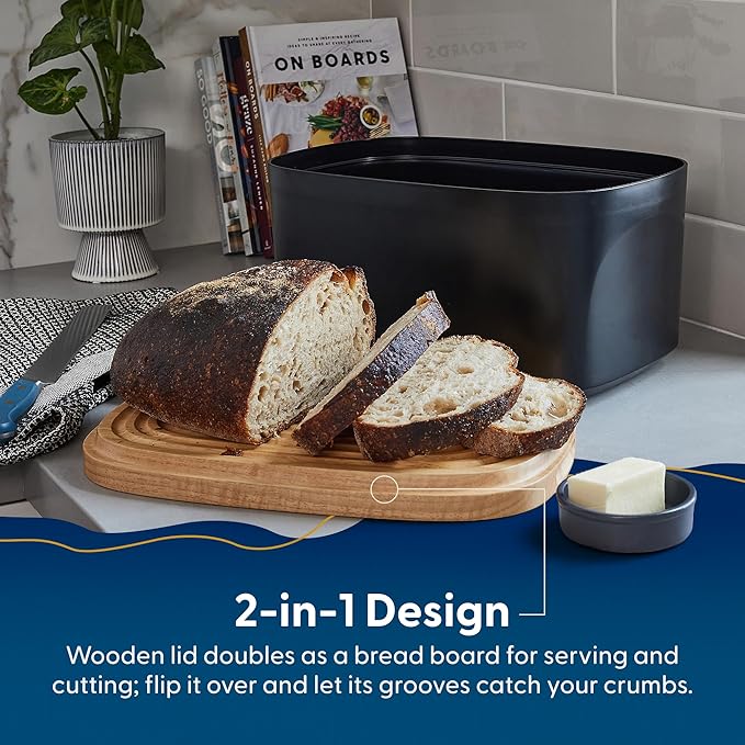 Sonder Los Angeles Union Large Bread Box | Fits Full Sourdough Loaves and More | Breadbox with Cutting Board | Homemade Bread Bin Storage Container | 14.25x9.25x7 in | Black
