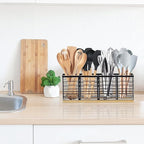 Suli Extra Large Kitchen Utensil Holder with 4 Compartments，Matte Black Metal holder with Wooden Base for Countertop，Farmhouse Utensil Organizer for counter, Rustic Cooking Utensil