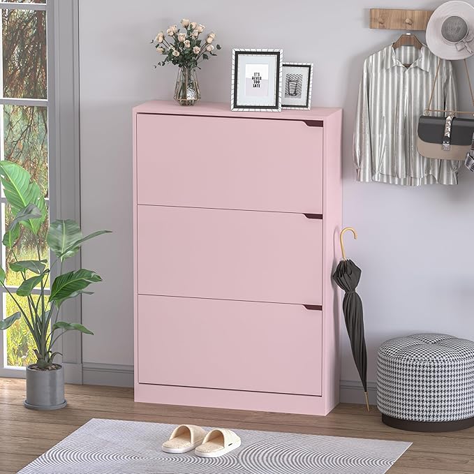 Shoe Cabinet with 3 Flip Drawers, Hidden Wood Shoe Cabinet,Freestanding Shoe Storage Cabinet for Entryway Hallway.White. 47.2" H*31.5" W*9.45" D (Pink)