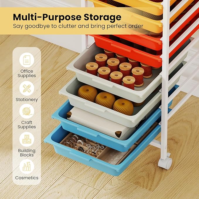 GOFLAME 10-Drawer Rolling Storage Cart, Craft Storage Cart with Wooden Tabletop and Lockable Wheels, Art Cart Supply Storage Organizer with Metal Frame for Home Office Classroom, Macaron Color