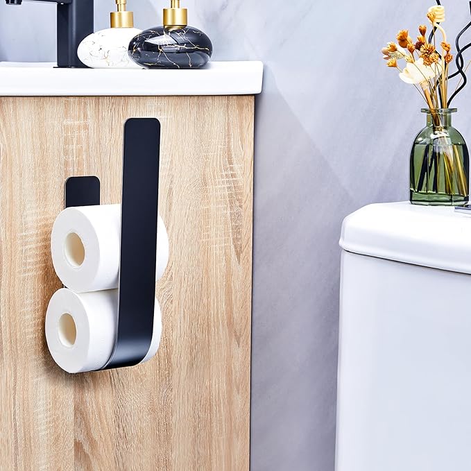 Toilet Paper Storage Wall Mount, Adhesive Toilet Paper Roll Storage for Bathroom Camper, Wall Spare Toilet Paper Holder Extra TP Holder Stand, Metal Matte Black Tissue Holder Organizer