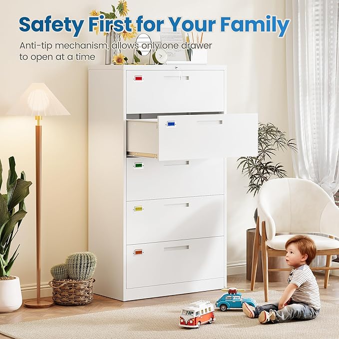 5 Drawer File Cabinet, Lateral Filing Cabinets for Home Office, Office Storage Drawers with Lock, Hanging Files Legal/Letter A4 Size (Assemble Required,White)