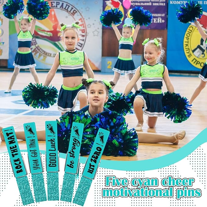 Kigeli 30 Pcs Spirit Clips Cheer Pins Cheerleader Gifts Clothes Pins for Backpacks Competition Glittered for Team Cheer Gifts Stuff Supplies Party Favors Accessories Bulk(Cyan,Shiny)