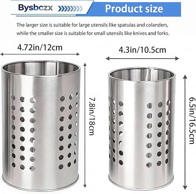 2PCS Stainless Steel Kitchen Utensil Holder, Utensil Caddy & Organizer for Drying Cooking Spoons Utility Sturdy Home Kitchen Daily Use Utensil Drainer (Silver)