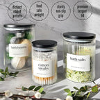 Mason & Fable 3x Ribbed Glass Bathroom Jars with Airtight Black Bamboo Lids | Cotton Pad/Buds/Q tip Holder | Bath Salt/Small Makeup/Apothecary Storage Canister- 10, 20 & 40 fl.oz