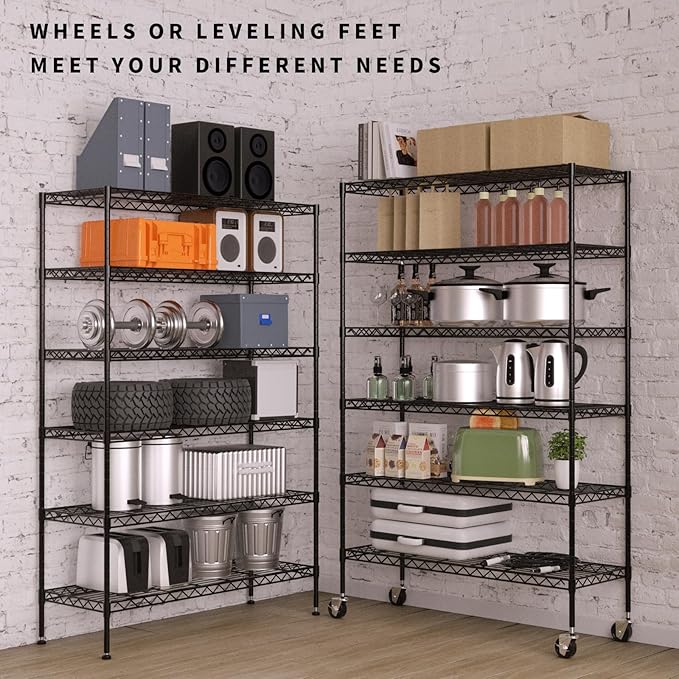 6-Tier Storage Shelves 45" x 18" x 82" Heavy Duty Metal Shelving Unit 2100Lb Capacity Adjustable Storage Racks with Wheels NSF Garage Wire Shelf for Basement Commercial, Black