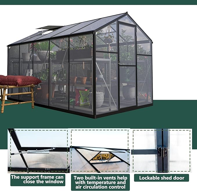 Large Walk-in Clear Polycarbonate Greenhouse with Rain Gutters & Adjustable Roof Vent - Sturdy Aluminum Frame Outdoor Plant House for Vegetable, Flower & Garden Growth-Outbuilding (6x10 ft)