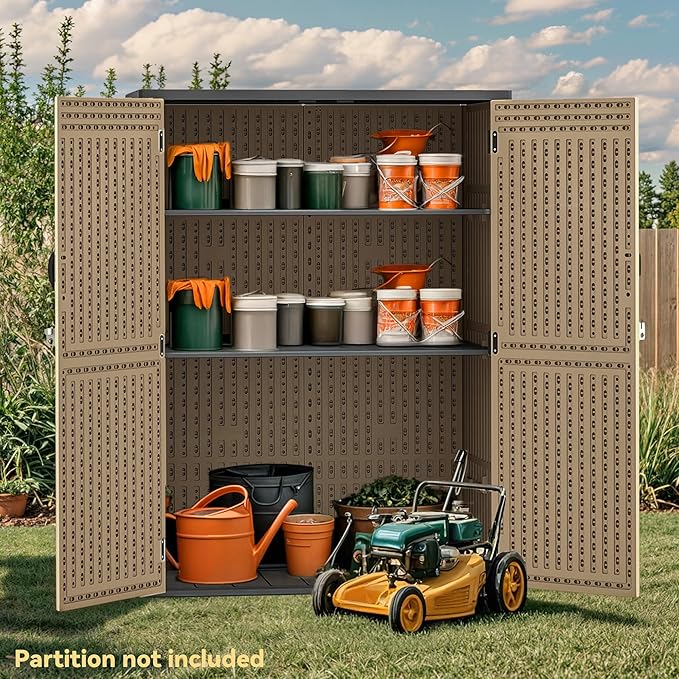 DWVO 59 Cu. Ft. Vertical Storage Shed, Weatherproof Outdoor Tall Cabinet with Double-Wall Panels and Floor, Lockable Resin Shed for Garden, Garage, Patio,Brown (Shelves Not Included)