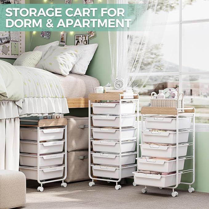 Utility Cart with Drawers,Craft Cart with 5 Drawers,Art Supply Organizer,Rolling Drawer Cart,Craft Storage Cart,Storage Drawer Carts With DIY Lable and Wooden Tabletop Area,White