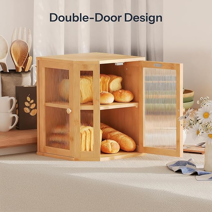 HOOBRO Bamboo Bread Box, Kitchen Countertop Corner Bread Box, Large Capacity 2-Tier Bread Container, Bread Storage Container with Dual Rippled Acrylic Doors, for Kitchen Food Storage, Natural YL12MB01