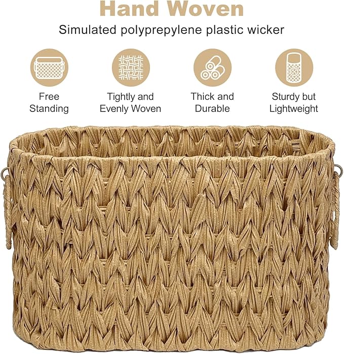 Toilet Paper Basket for Bathroom, Large Storage for 6 Mega Rolls, Free Standing Wicker-Style Toilet Paper Holder Organizer, Boho Decorative Bathroom Bin, 15.75" x 6.5" x 9.45" (Nature)