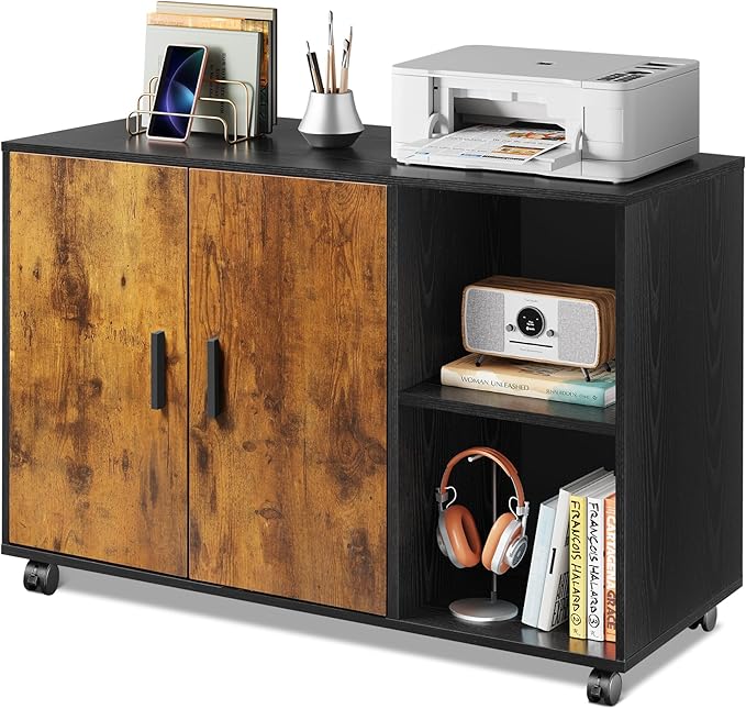 DEVAISE Office Storage Cabinet with Doors and Shelves, Lateral Printer Stand for Office Supplies and File Storage, Filing Cabinet for Home Office, Rustic Brown
