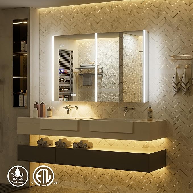 60x30 Lighted Medicine Cabinet Mirror with Lights & Smart Night Lamp -Surface or Recessed Medicine Cabinet with Outlet & Clock,Fogless Dimmable LED Storage Mirror,Built-in Sensor Light