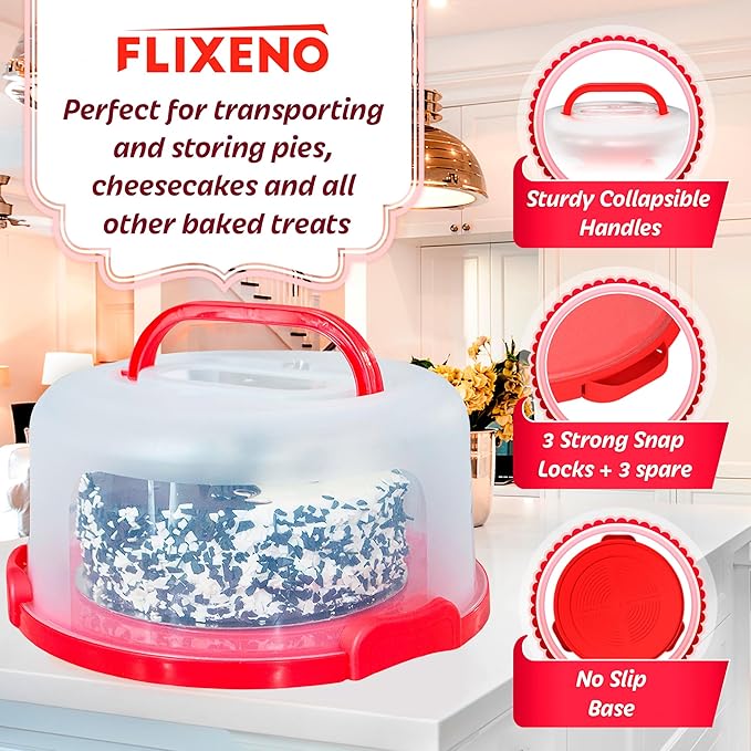 Flixeno Large Sturdy Round Cake Carrier Holder 10 inch Multi Purpose Cover Five Section Keeper for Easily Hold & Transport Cakes Pies & Cupcakes with Collapsible Handles + Extra Clips