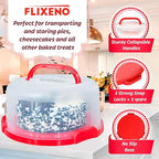 Flixeno Large Sturdy Round Cake Carrier Holder 10 inch Multi Purpose Cover Five Section Keeper for Easily Hold & Transport Cakes Pies & Cupcakes with Collapsible Handles + Extra Clips