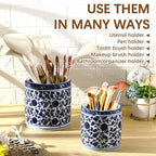 2 Pcs Blue and White Kitchen Utensil Holder 5"+6.1" Ceramic Kitchen Cooking Holder for Countertop Large Utensil Crock for Home Decor Parties Chinoiserie Blue