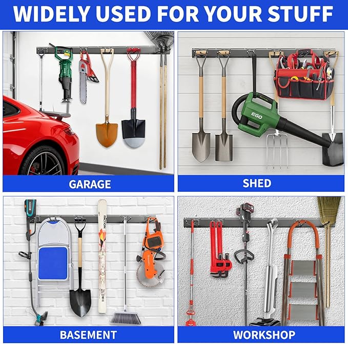 Shed Tool Organizer Wall Mount, 64inch Heavy Duty Garden Tool organizer Storage System, Easy Install With 10 Adjustable Hooks, For Garage, Basement, Shed, Workshop(Black)