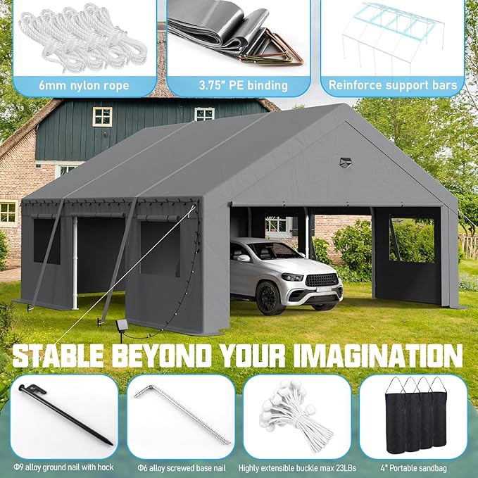 Carports Canopy Heavy Duty, Portable Garage with Sidewalls and Side Doors (20x20, Grey)