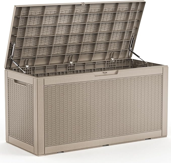 120 Gallon Deck Box Outdoor, Waterproof Outdoor Storage Boxes with Lids, Outside Resin Lockable Storage Box for Patio Cushions, Garden Tools(Grey)
