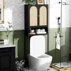 VINGLI Over The Toilet Storage Cabinet, Black Rattan Bathroom Organizer Over Toilet with Adjustable Shelf, Freestanding Space Saver Stand with Soft-Close Doors for Restroom Laundry, Boho Modern