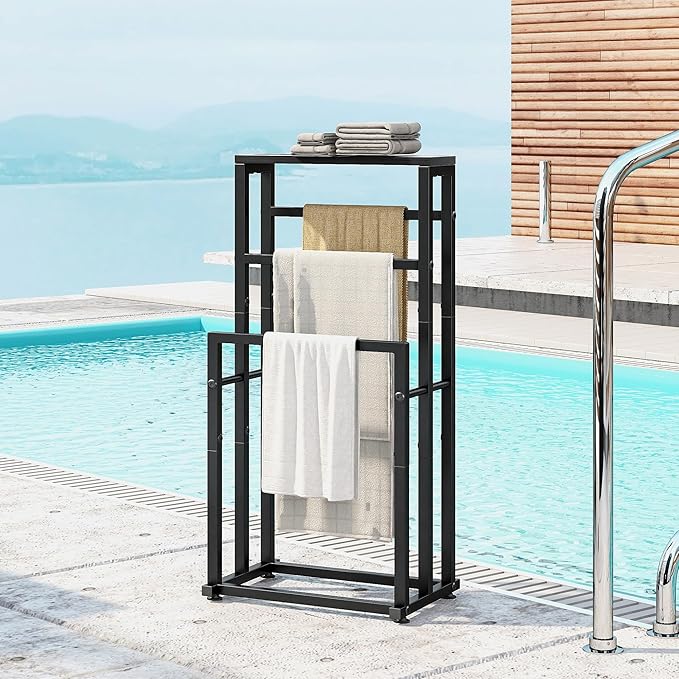 Free Standing Towel Rack for Bathroom, 3 Tier Metal Blanket Rack with Shelf, Blanket Drying and Display Rack for Oversized Bath Towels Bathroom Accessories, Next to Tub or Shower, Black