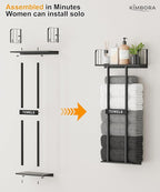 KIMBORA Towel Racks for Bathroom with Top Towel Shelf Hold 8 Large Rolled Towels, 36" Wall Mounted Bathroom Towel Storage Organizer for Small Bathroom, Camper, Rv (Black)