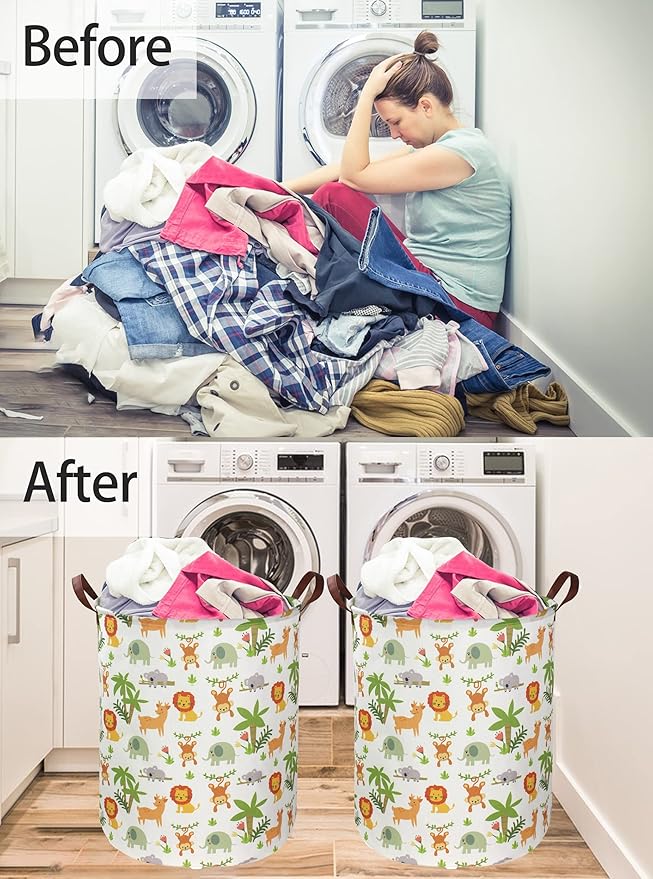 Essme Kids Laundry Hamper,Jungle Laundry Basket Collapsible Greeen Hamper for Kids Room Decor, Animal Hamper,Woodland Storage Basket, Nursery Hamper,Gift Baskets.(Jungle animal)