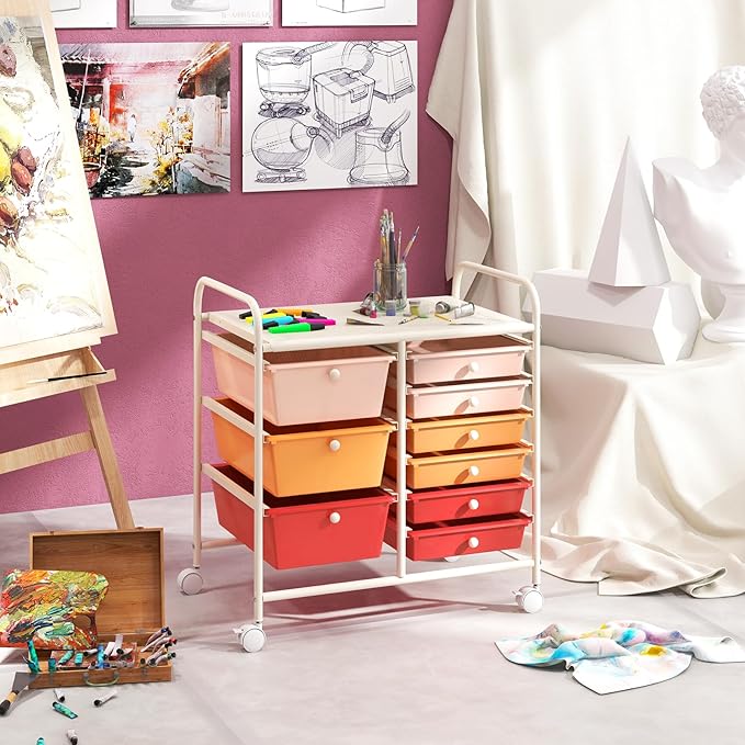 RELAX4LIFE 9 Drawer Rolling Storage Cart - Mobile Drawer Carts for Craft Art Supply Paper Salon, Utility Cart on Wheels for Classroom Teacher School Office, Rolling Cart with Drawers (Macaron)