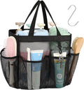 F-color Mesh Shower Caddy Portable, Upgrade Deeper 7 Pockets Shower Bag Basket Tote for College Dorm Room Toiletry Bathroom Essentials Gym Camp Quick Dry 2 handles with S Hook, Black