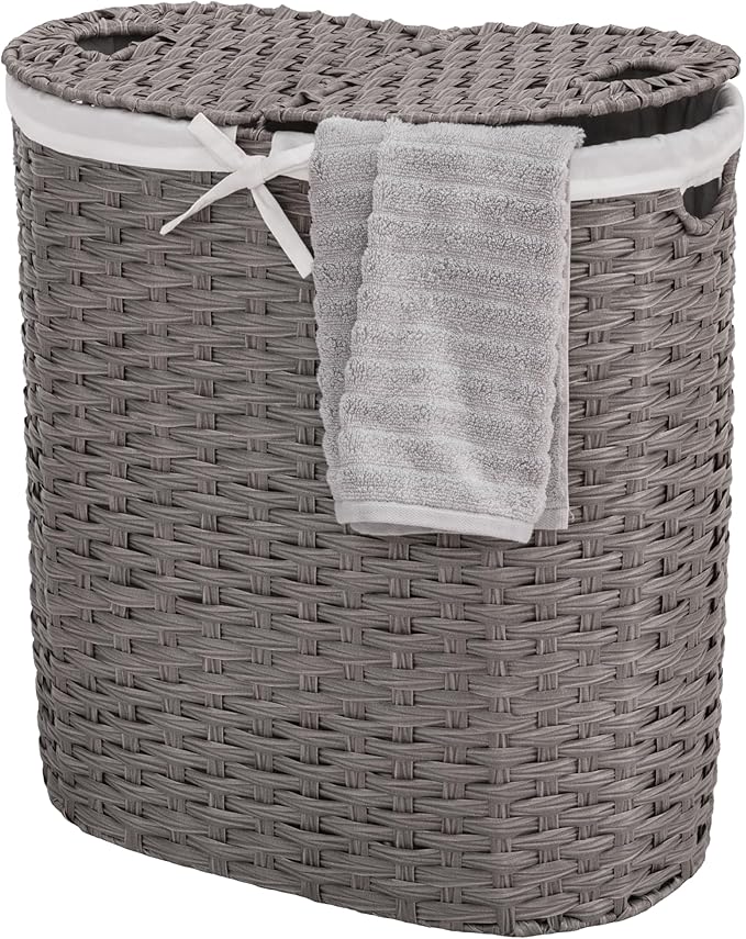 Seville Classics Premium Handwoven Portable Laundry Bin Basket with Carrying Handles, Household Storage for Clothes, Linens, Sheets, Gray, Oval Hamper