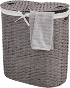 Seville Classics Premium Handwoven Portable Laundry Bin Basket with Carrying Handles, Household Storage for Clothes, Linens, Sheets, Gray, Oval Hamper